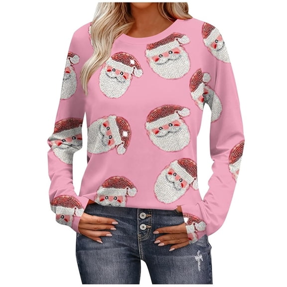 Christmas Tops for Women Graphic Tees Loose Fit Long Sleeve Raglan Shirts Round Neck Funny Xmas Holiday Outfits (M, Pink)