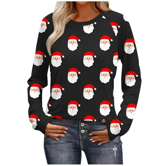 Christmas Tops for Women Graphic Tees Loose Fit Long Sleeve Raglan Shirts Round Neck Funny Xmas Holiday Outfits (XL, Black)