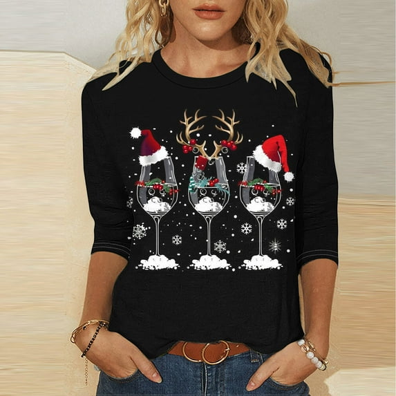 Christmas Tops for Women Graphic Wine Glass Santa Deer Printed 3/4 Sleeve T-shirts Crew Neck Plus Size Holiday Tees (S, Black)