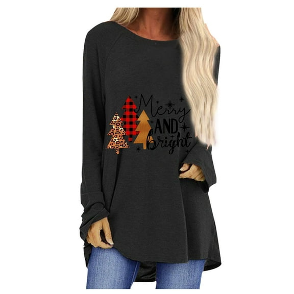 Christmas Tops for Women Long Sleeve T Shirts Fall Print Loose Crewneck Holiday Graphic Tees Blouses