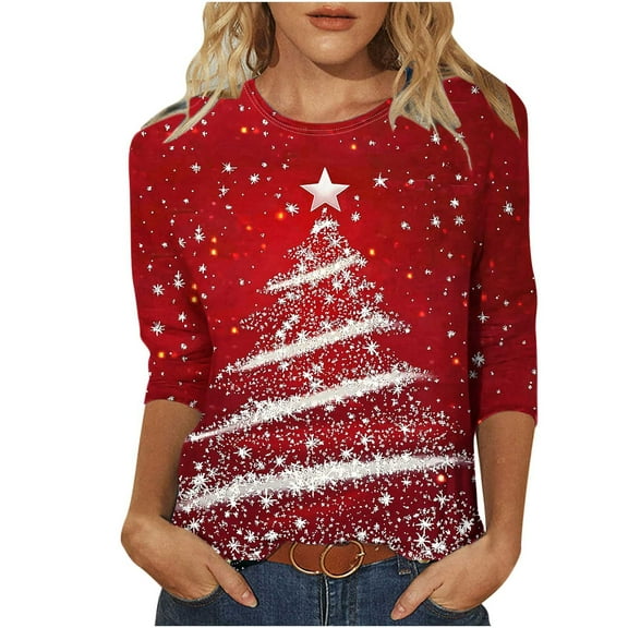 Christmas Tops for Women Plus Size Tops Fitted 3/4 Sleeve Shirts Graphic Black Blouses Long Sleeve V Neck