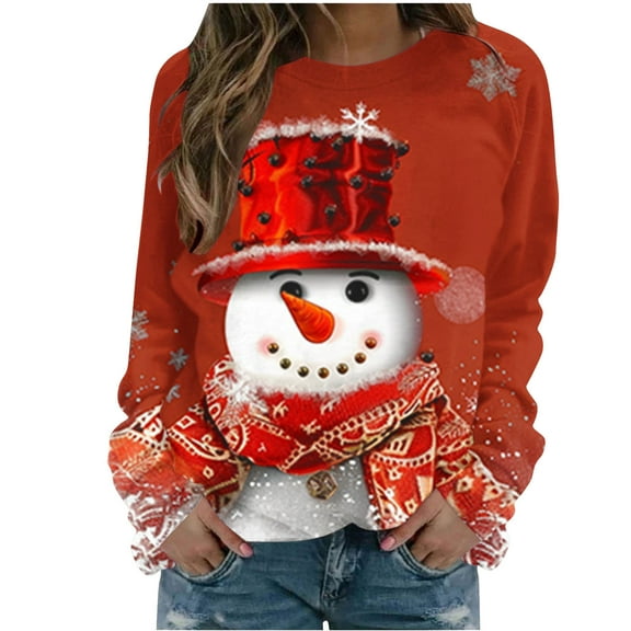 Christmas Tops for Women Snowman Printed Funny Holiday Clothes Loose Fit Tunic Tops Long Sleeve Sweatshirt (2XL, Red)