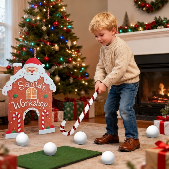 Christmas Toss Game Set Gingerbread House Family Throwing Game Accessories with Candy Cane Sticks & Soft Balls For Holiday Party Gathering