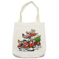 thumbnail image 1 of Christmas Tote Bag, Reindeer Racing in Red Vintage Car with Xmas Tree Horn Santa Hat Winter, Cloth Linen Reusable Bag for Shopping Books Beach and More, 16.5" X 14", Cream, by Ambesonne, 1 of 2