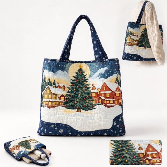 Christmas Tote Bag for Women, Vertical Digital Print Shoulder Bag, Lightweight Polyester Holiday Shopping & Gift Bag, Reusable Small Carryall, Festive Winter Accessory (J)