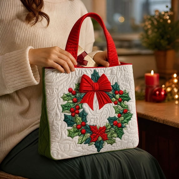 Christmas Tote Bag for Women, Digital Print Holiday Shoulder Bag with Red Bow, Vertical Small Polyester Carry Bag for Xmas Gifts Shopping Party (L)
