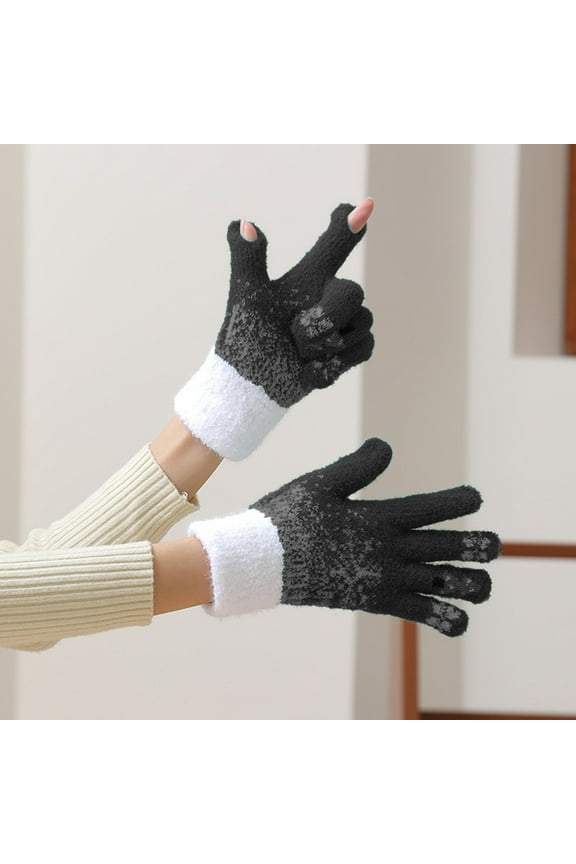 Christmas Touchscreen Gloves for Women & Men, Snowflake Knitted Winter Warm Plush Gloves, Leaky Finger Design for Phone Use, Holiday Themed Black
