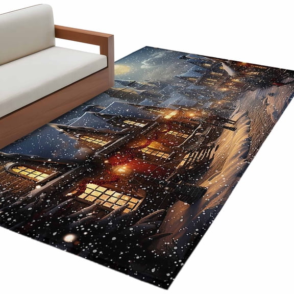 Christmas Town, Area Rug 3x5 FT, Non Slip Entryway Bedside Carpet, Winter Snow Old World Vintage House Washable Soft Floor Carpet Indoor Mat Non-Shedding Throw Rug for Dorm Kitchen Home Office