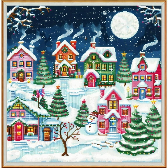 Christmas Town with Colorful House DIY 11CT Stamped Cross Stitch Kits for Beginners Easy Needlepoint Embroidery Counted Cross Stitch Art Craft for Wall Decoration 14x14inch(2)