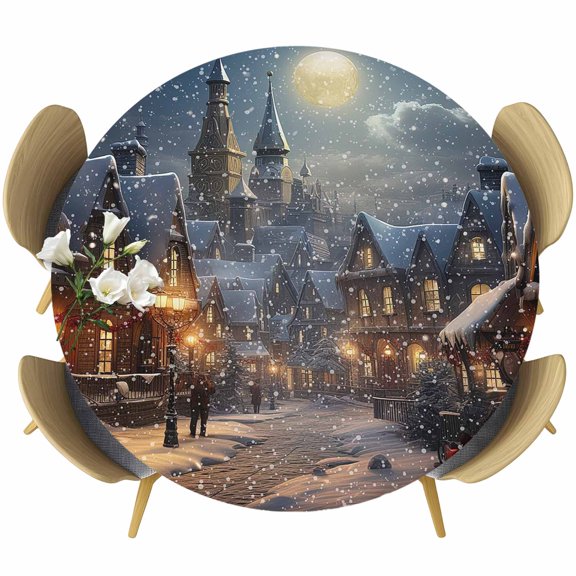 Christmas Town, Fitted Tablecloth with Elastic Edged, Round Table Cloth for Dining Table, Winter Snow Old World Vintage House Waterproof Oil Proof Table Cover for Indoor Outdoor 36"-44"