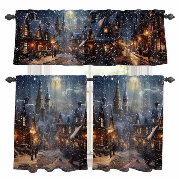 Christmas Town Kitchen Curtains, Kitchen Curtains and Valances Set of 3, Winter Snow Old World Vintage House Light Filtering Tailored Tier Curtain 24 Inch Length Drapes for Cafe Sink Bedroom