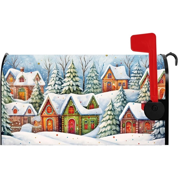 Christmas Town Mailbox Cover Snow Village Snowflake Xmas Eve Magnetic Mailbox Covers for Yard Garden Countryside Standard Size 18x21 Inch Merry Christmas Mail Box Wraps Post Letter Cover