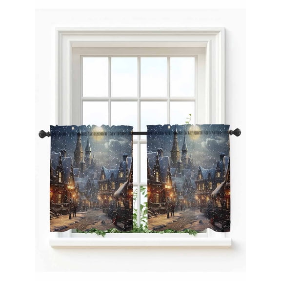 Christmas Town,Tier Curtains 24 Inch Length,Sheer Curtains for Bedroom Living Room Window Winter Snow Old World Vintage House Rod Pocket Drapes Kitchen Curtains Small Half Window 27.5"x24" 2 Panels