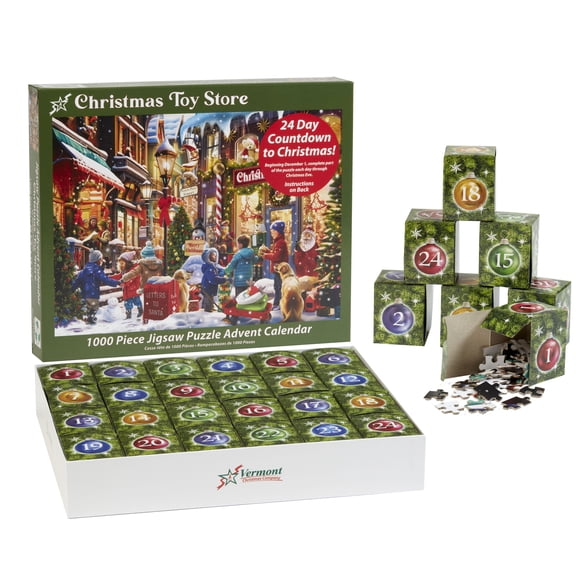 Christmas Store Jigsaw Puzzle Advent Calendar 1000 Pieces by Vermont Christmas Company - 24 Puzzle Sections to Complete - Count Down to Christmas Each Day in December