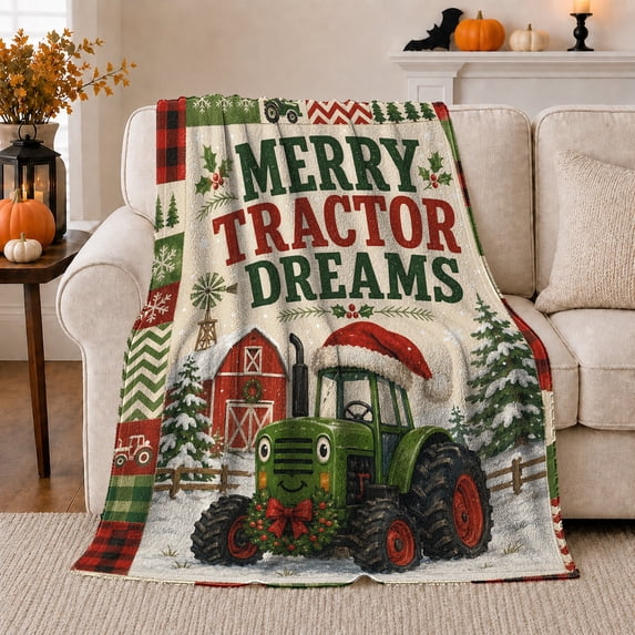 Christmas Tractor Dreams Kids Farmhouse, Festive Holiday Scene, Warm Flannel Blanket for Ranch House and Living Room, Horse Lovers Christmas Gift, Rustic Home Decor