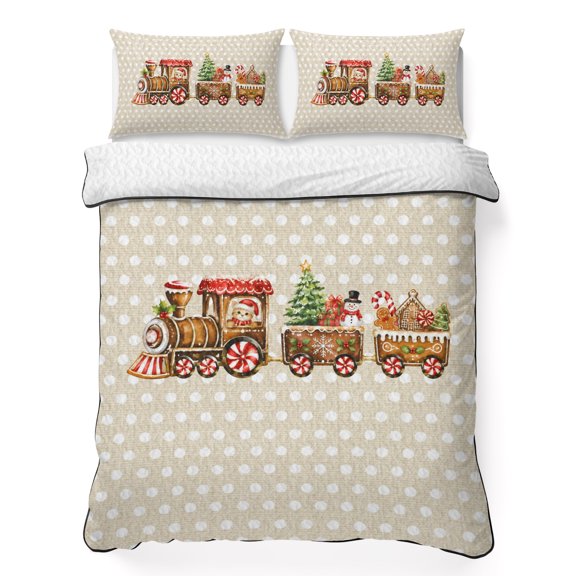 Christmas Train 3 Piece Quilt Bedding Set with 2 Pillow Shams, Cute Christmas Tree Beige Dot Lightweight Bedspread Coverlet, Soft Breathable All Season Quilt, 68 x 98 Inch