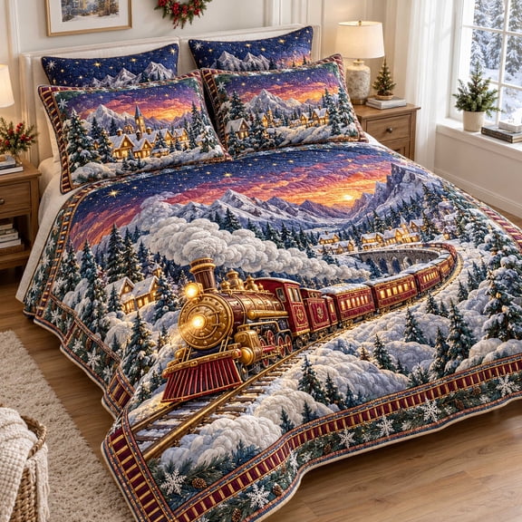 Christmas Train 3-Piece Quilted Bedding Set