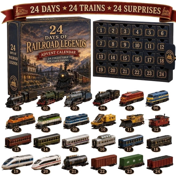 Christmas Train Advent Calendar 2026, 24 Days Railroad Legends Die-Cast Train Set, Countdown Advent Calendar with 24 Collectible Mini Trains, Holiday Surprise Gift