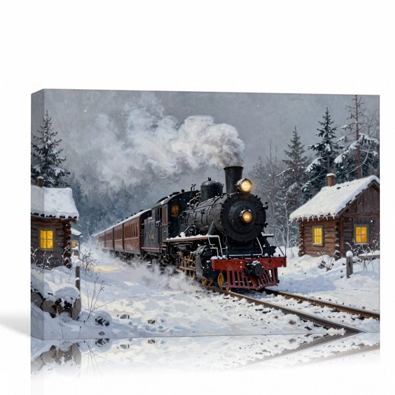 Christmas Train Canvas Wall Art, Steam Locomotive Snowy Village Winter Railroad Decor, Holiday Print, 12"L x 8"W