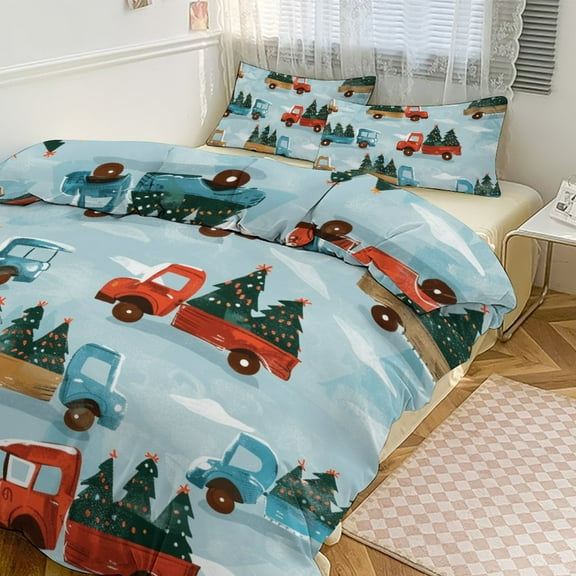 Christmas Train Cedar Tree Bedding Sets Twin Duvet Cover 3 Piece Cute Bed Set for Boys Girls Kid