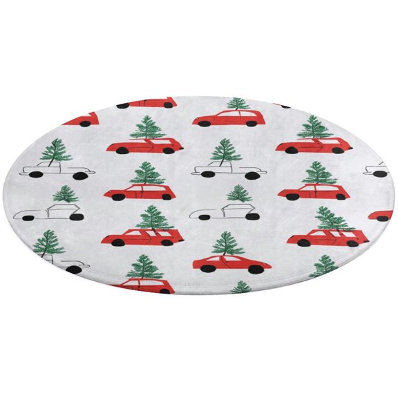 Christmas Train Cedar Tree Soft Bedroom Round Area Rug, Washable Cute Nursery Circle Throw Mat, Non-Slip Contemporary Small Low Pile Floor Carpet for Dorm Bedside