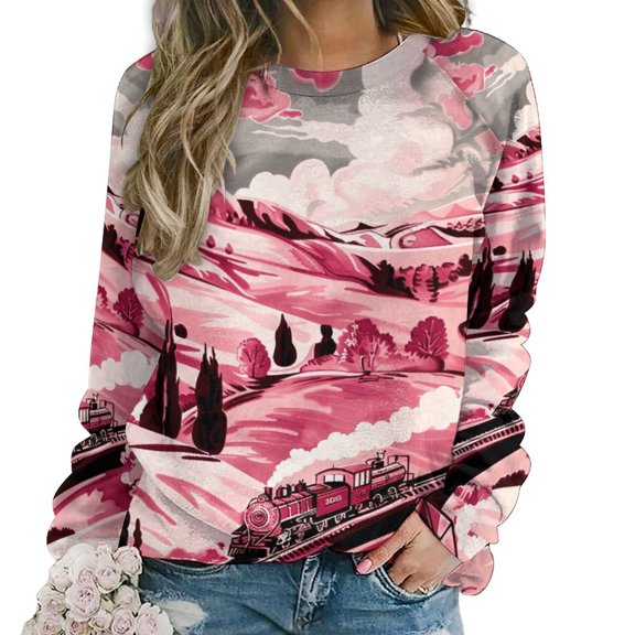 Christmas Train Cedar Tree Womens Casual Crewneck Sweatshirt Long Sleeve Tops Cute Pullover Loose Fit