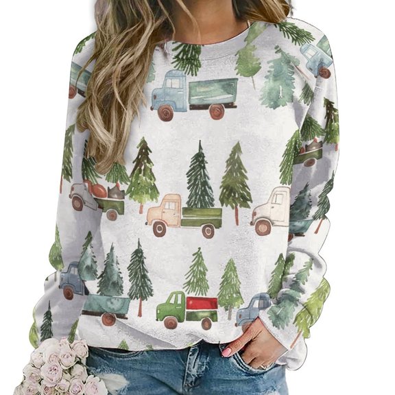 Christmas Train Cedar Tree Womens Casual Crewneck Sweatshirt Long Sleeve Tops Cute Pullover Loose Fit