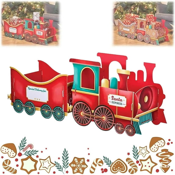 Christmas Train Gift Box, Santa Express Train Gift Box, Whimsical Gingerbread Design Christmas Trains, Sets Xmas Decoration Present Storage, Holding Presents/Candy, Party Centerpiece (#A)