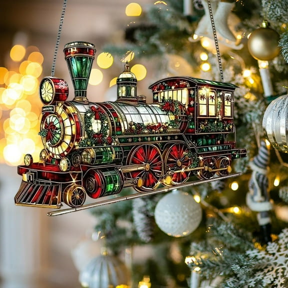 Christmas Train Ornament Hanging Decoration for Tree Window Car – Clear Double-Sided Printed Holiday Decor, Shatterproof Transparent Acrylic Christmas Gift 7.87in