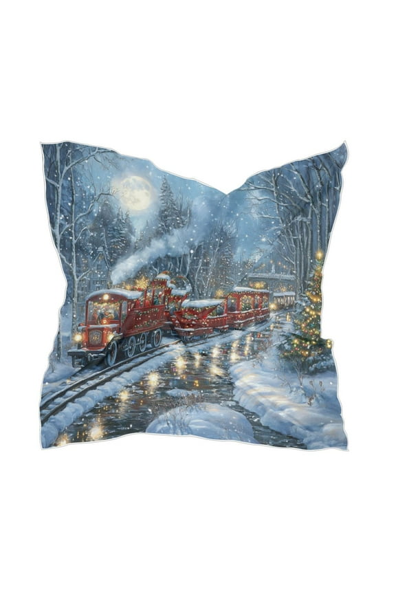 Christmas Train Picture Square Silk Scarf, 23.6223.62in Polyester Simulated Silk Satin Scarf Tops for Women Head Wraps Shirt Bandana Curly Hair Tie Headband Headscarf