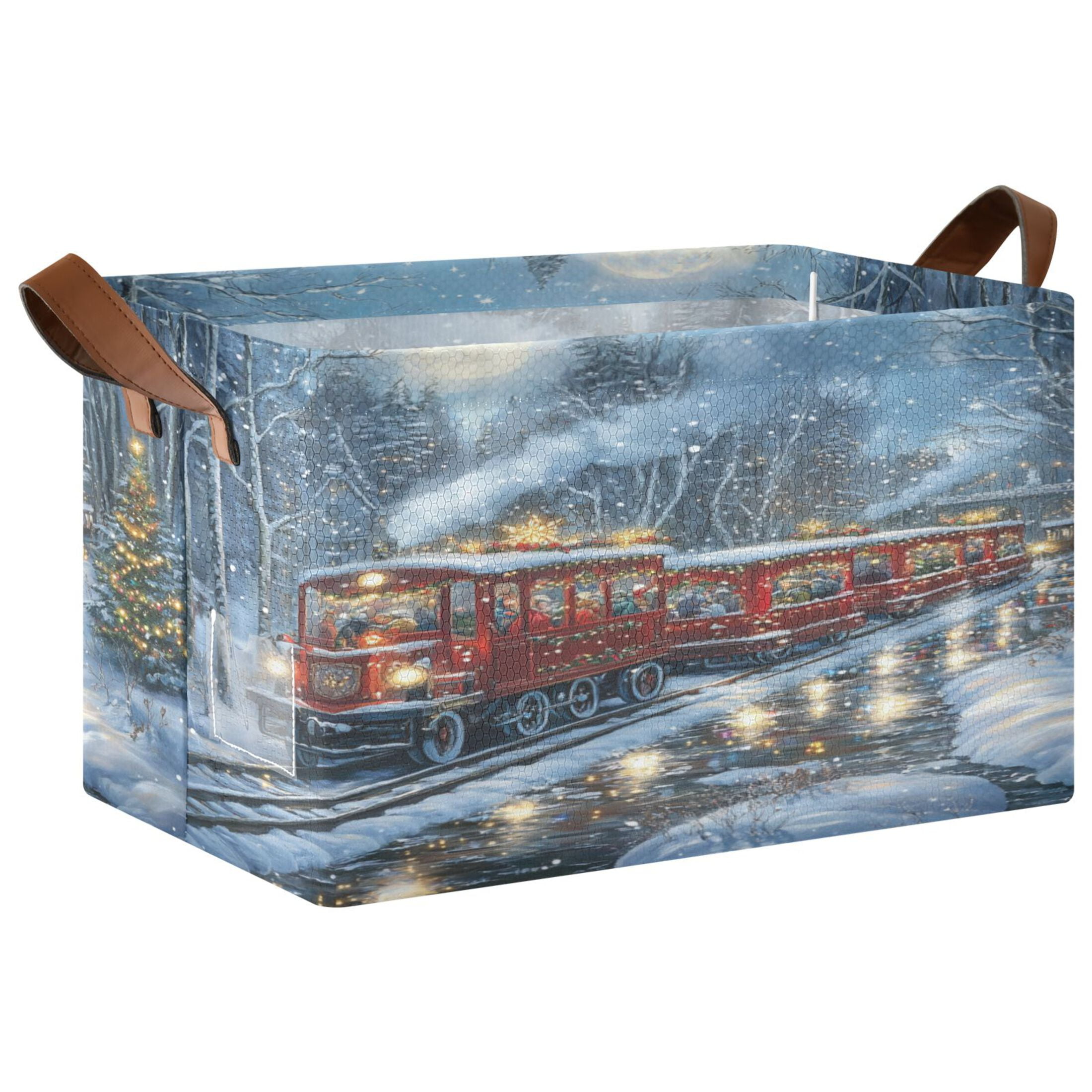 Christmas Train Picture Storage Basket Soccer Plaid Fabric Hoard Box Oversized Collapsible Closet Organizer with Metal Iron Frame 16.9×11.4×10in