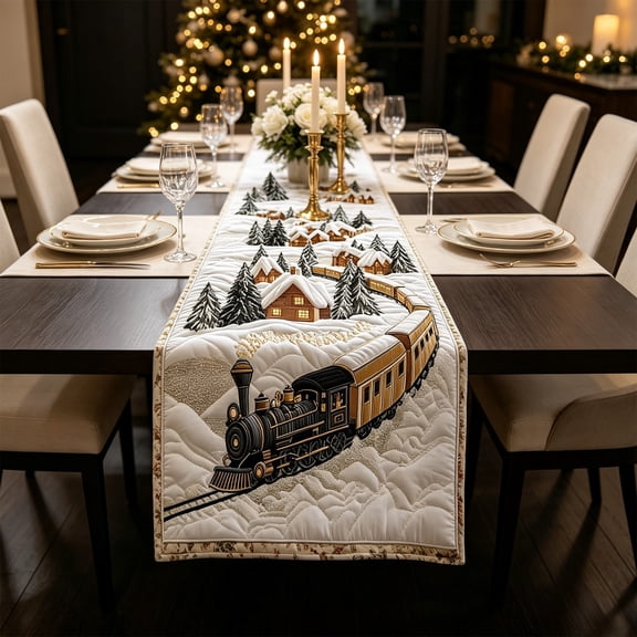 Christmas Train Polyester Quilted Table Runner, Winter Holiday Dining Table Decor, Festive Cabin Village Print Runner, Durable Wrinkle Resistant Fabric, Home Kitchen Decoration