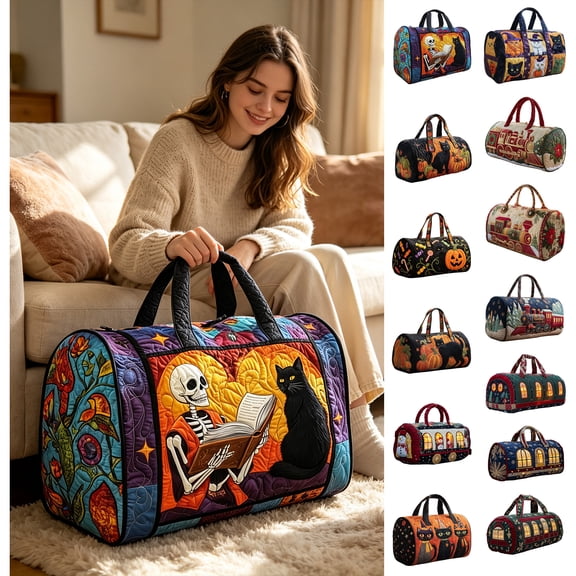 Christmas Train Quilted Duffle Bag, Festive Travel Bag Stitched Pattern Large Capacity Weekender Tote Overnight Carryall for Holiday Trip Vacation Getaway, 1 Pack