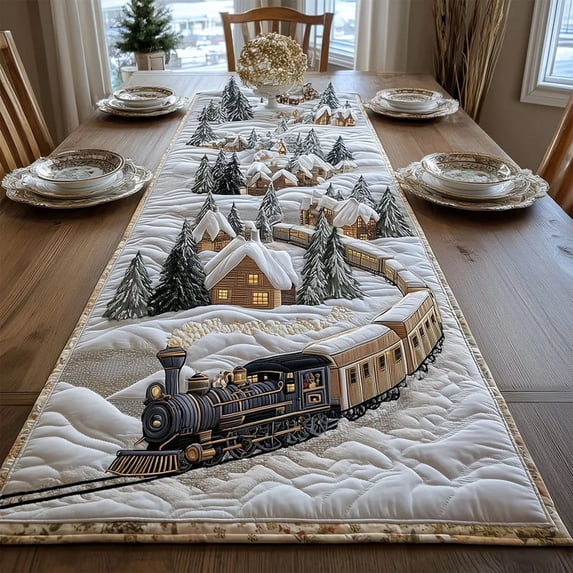 Christmas Train Quilted Table Runner, Polyester Holiday Dining Table Cover with Festive Locomotive Pattern for Kitchen, Dining Room and Winter Party Decor