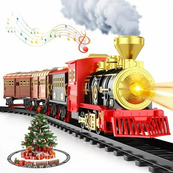 Christmas Train Set with Smokes,Lights & Sound Train Set for Under Christmas Tree Stream Locomotive Electric Train Sets for Kids Carriages & Tracks for Trains for Toddlers 3-5,Christmas Tree Train