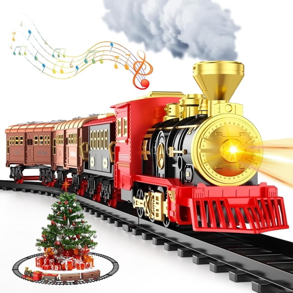 Christmas Train Set with Smokes, Lights & Sound Train Set for Under Christmas Tree Stream Locomotive Electric Train Sets for Kids Carriages & Tracks for Trains for Toddlers 3-5,Christmas Tree Train