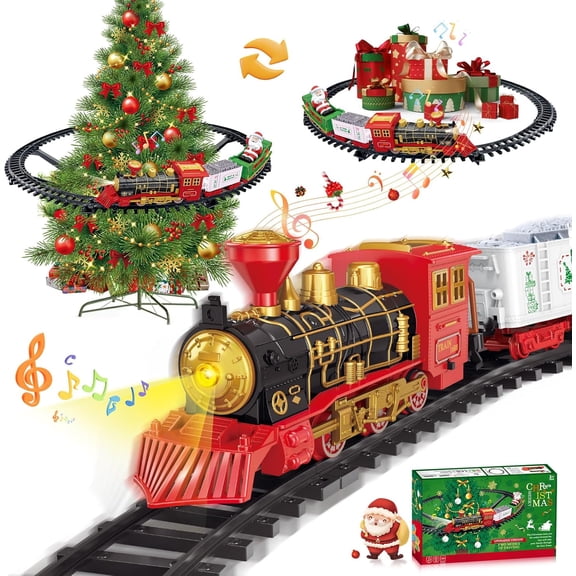 Christmas Train Set Toys, Hanging Train Toys Around & Under The Christmas Tree w/ Smoke Light & Sound, Indoor Christmas Decoration Toy Train Gifts for 3-12 Years Old Kids
