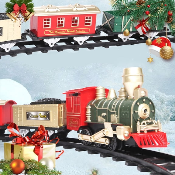 Christmas Train Set Toys for Kids, Toy Train Track Locomotive Engine Battery Powered Railway Kits with Road Signs and Tracks
