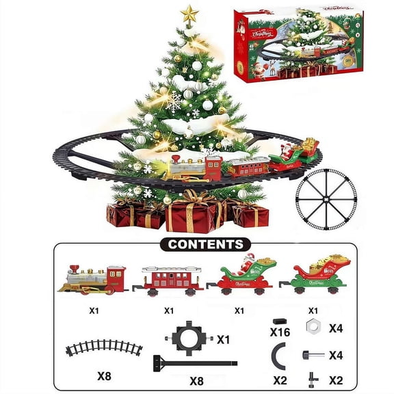 Christmas Train Set for Around The Tree with Sounds and Lights, DIY Train Tracks Building Kit for Boys Girls