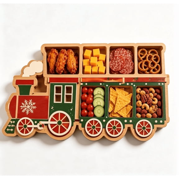Christmas Train Shaped Serving Platter, Divided Holiday Snack Tray for Salami, Cheese, Cookies, and Nuts, Festive Party Food Board for Kids, Families, and Christmas Events