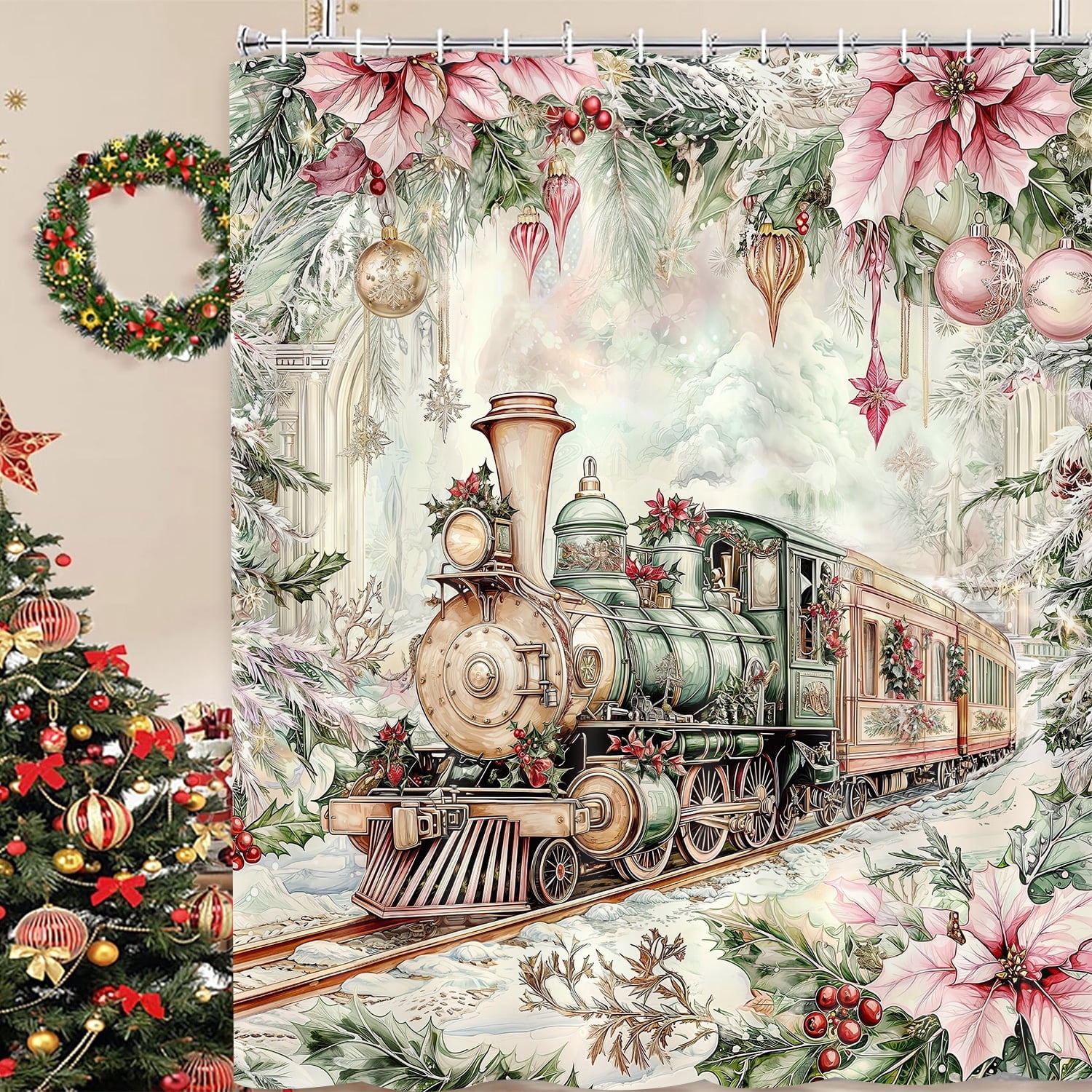 Christmas Train Shower Curtain, Pink Vintage Steam Train Castle Xmas Tree Bathroom Curtain, Country Farmhouse Cute Winter Christma Floral Light Ball Bathroom Decor Shower Cutain Set, 72X72in