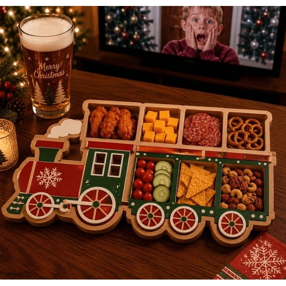 Christmas Train Snack Tray, Festive Holiday Divided Platter for Cookies, Candy, Cheese, Nuts, and Dip, Reusable Party Serving Dish for Xmas Gatherings, Home Decor, and Gifts