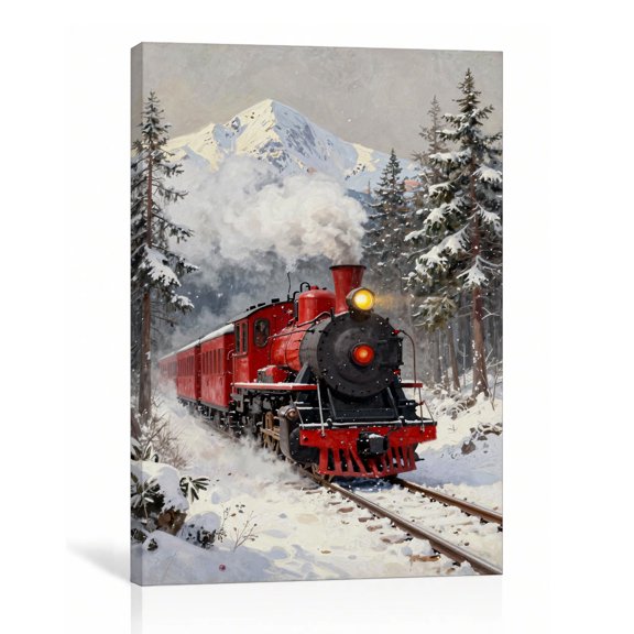 Christmas Train Snowy Mountain Canvas Wall Art, Red Steam Locomotive Winter Print, Holiday Home Decor, 8"L x 12"W