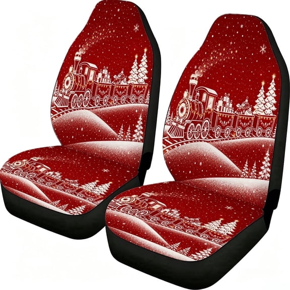 Christmas Train Snowy Red Print Car Seat Covers 2 Piece, Mesh Fabric Front Seat Protectors Universal Fit for Cars Suvs Trucks Vans