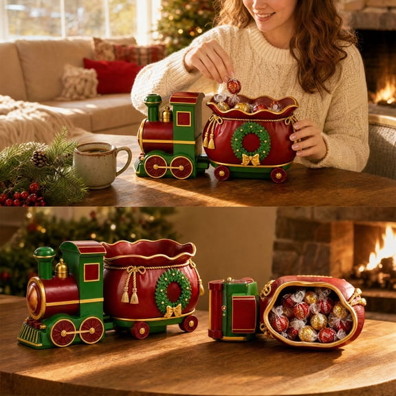 Christmas Train Tabletop Decor Storage Container | Vintage Xmas Train Figurine with Gift Bag Carriage | Holiday Treat Organizer for Home Table Mantel Centerpiece