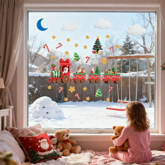 Christmas Train Window Clings Xmas Window Decal Snowman Stickers for Christmas Party Home Decor