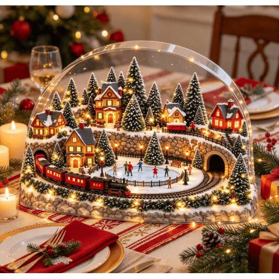 Christmas Train and Ice Skating Rink Scene, Lighted Village Decoration ...