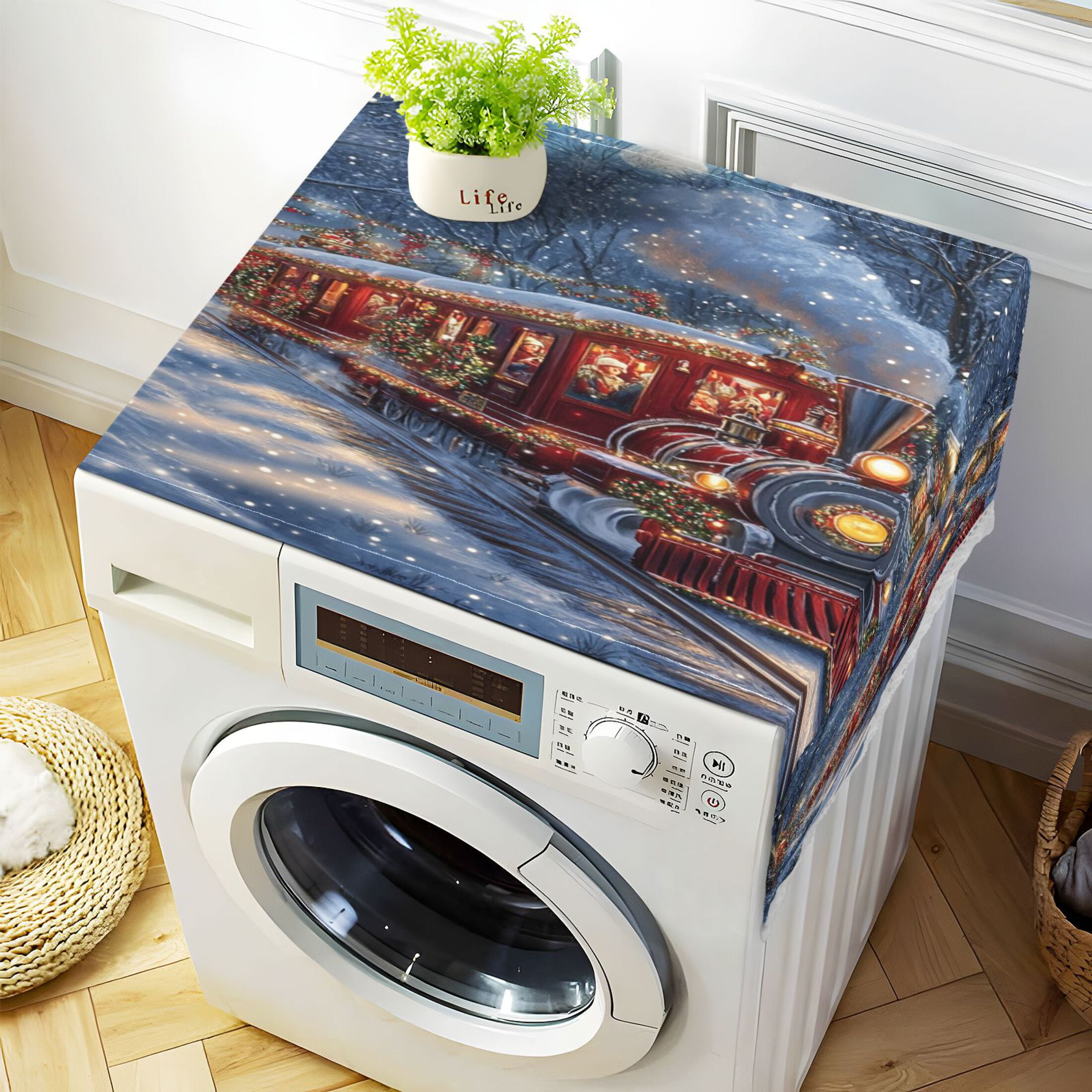 Christmas TrainWasher and Dryer Covers Dust-Proof and Oil Resistant Fridge Cover with 4 Storage Pockets Washing Machine Top Cover for Laundry Kitchen Home 51.2 x 22 In