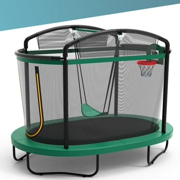 Seizeen 6FT Trampoline for Kids, 3-IN-1 Rectangular Outdoor/Indoor Trampoline with Enclosure, Basketball Hoop, Swing