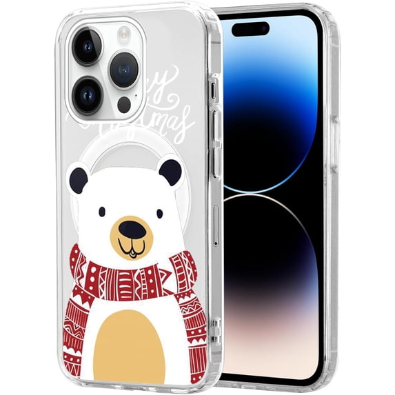 Christmas Transparent Magnetic Case for iPhone 13 Pro Max 6.7", Built-in Magnets Compatible with MagSafe, Aesthetics Pattern PC+TPU Protective Shockproof Bumper Girls Cover, Bear